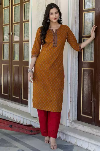 Mustard  pure cotton printed kurti for women