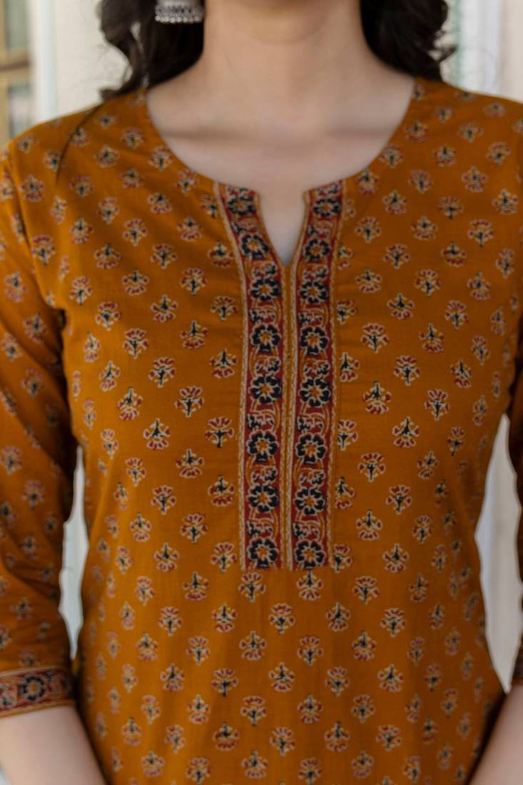 Mustard  pure cotton printed kurti for women