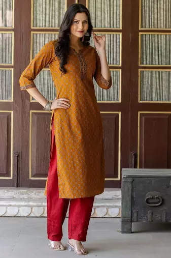 Mustard  pure cotton printed kurti for women