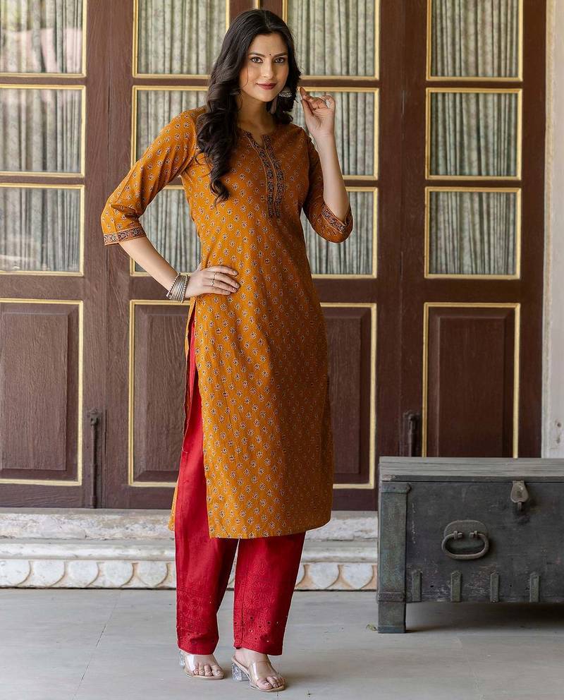 Mustard  pure cotton printed kurti for women