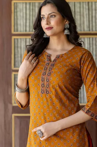 Mustard  pure cotton printed kurti for women