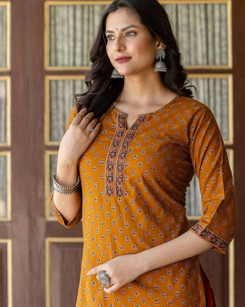 Mustard  pure cotton printed kurti for women