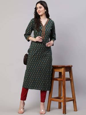 Green  pure cotton printed kurti for women 1