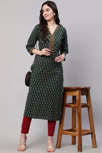 Green  pure cotton printed kurti for women