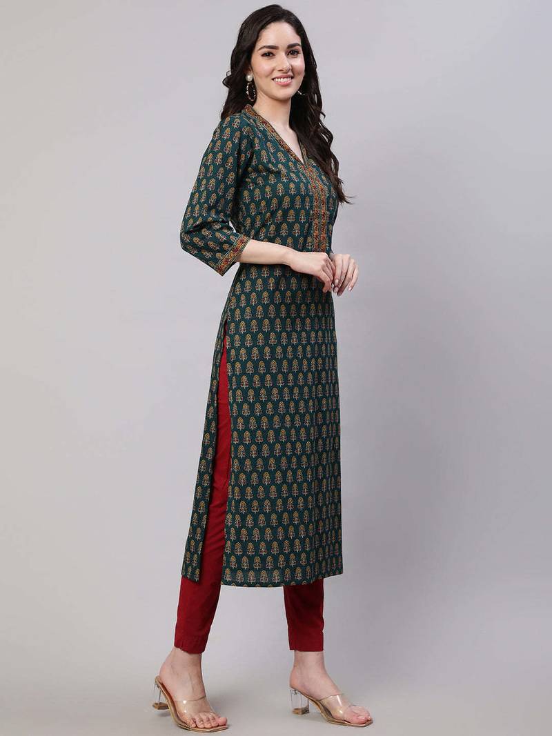 Green  pure cotton printed kurti for women