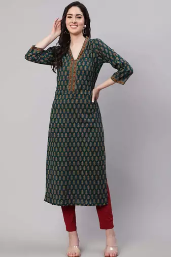 Green  pure cotton printed kurti for women