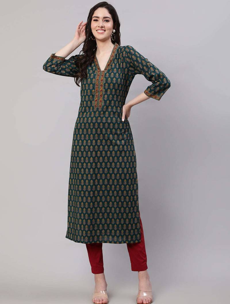 Green  pure cotton printed kurti for women