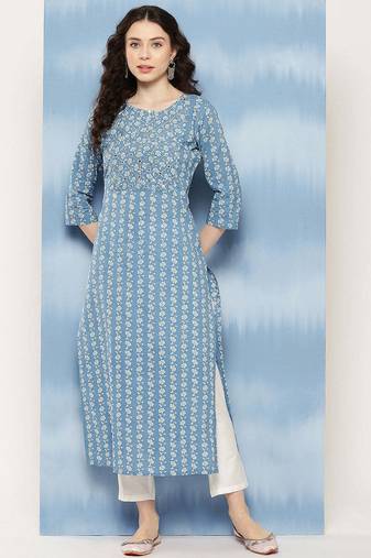 Blue  pure cotton embroidered kurti for women