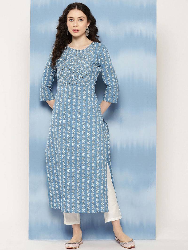 Blue  pure cotton embroidered kurti for women