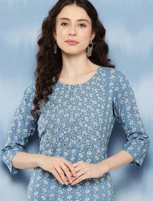 Blue  pure cotton embroidered kurti for women 2