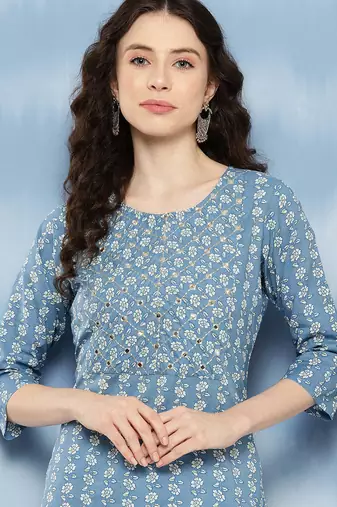 Blue  pure cotton embroidered kurti for women