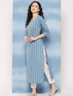 Blue  pure cotton embroidered kurti for women 3