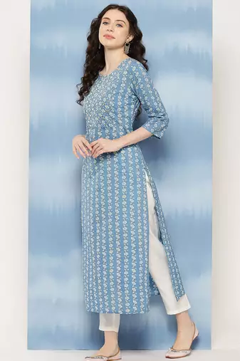 Blue  pure cotton embroidered kurti for women