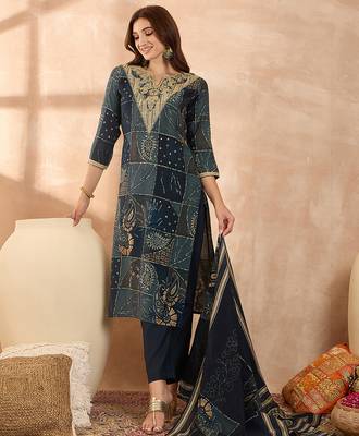 Women’s blue silk blend paisley embroidered kurta with trouser & dupatta  1