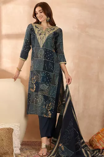 Women’s blue silk blend paisley embroidered kurta with trouser & dupatta 