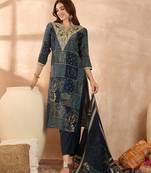Women’s blue silk blend paisley embroidered kurta with trouser & dupatta 