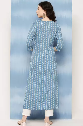 Blue  pure cotton embroidered kurti for women