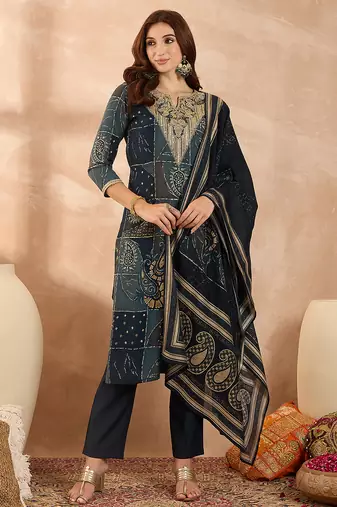 Women’s blue silk blend paisley embroidered kurta with trouser & dupatta 