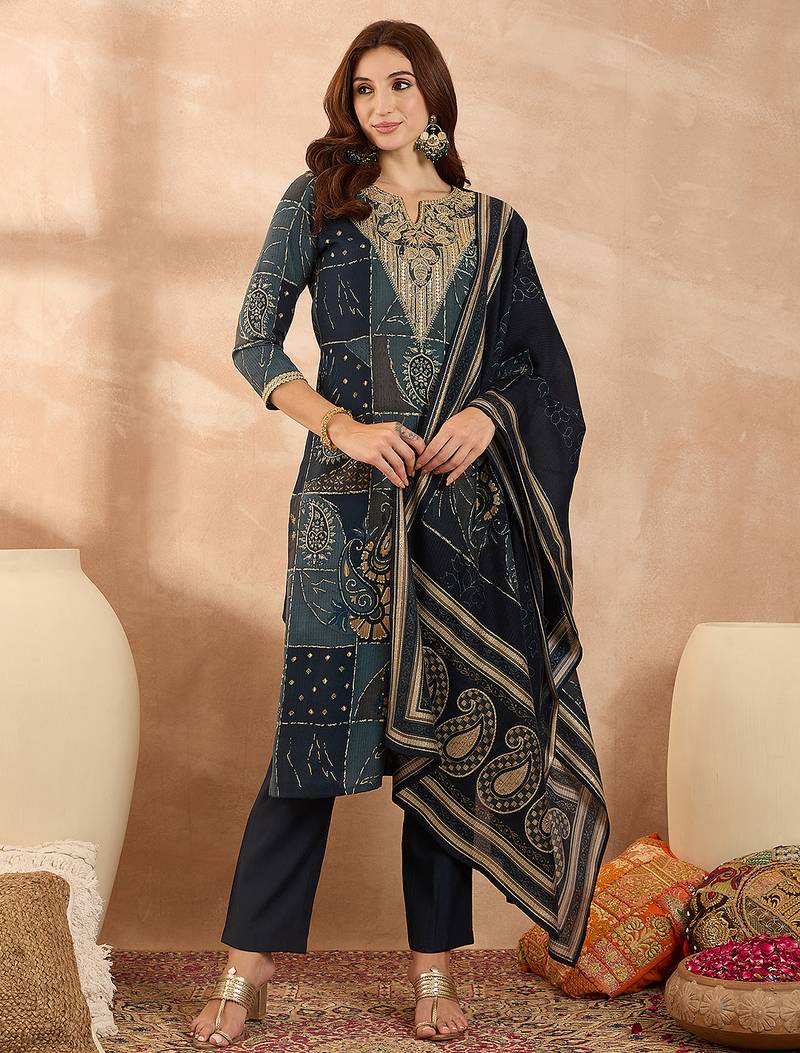 Women’s blue silk blend paisley embroidered kurta with trouser & dupatta 