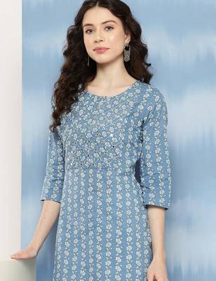 Blue  pure cotton embroidered kurti for women 5