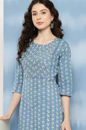 Blue  pure cotton embroidered kurti for women