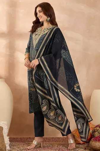 Women’s blue silk blend paisley embroidered kurta with trouser & dupatta 
