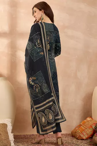 Women’s blue silk blend paisley embroidered kurta with trouser & dupatta 