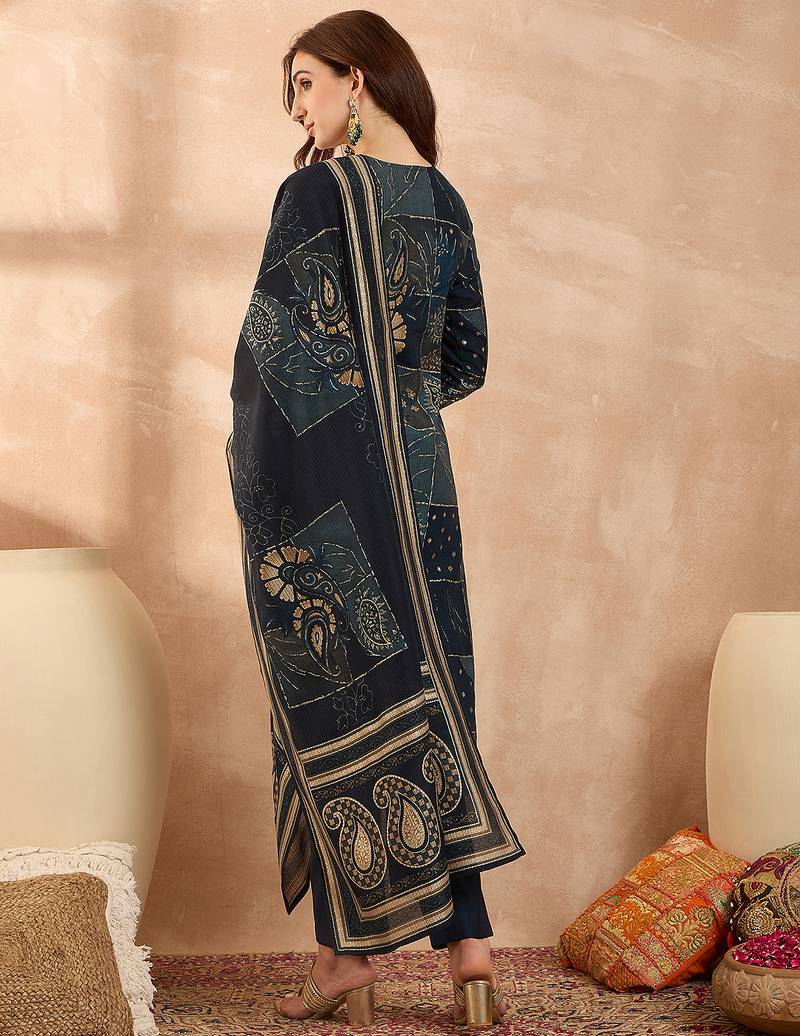 Women’s blue silk blend paisley embroidered kurta with trouser & dupatta 