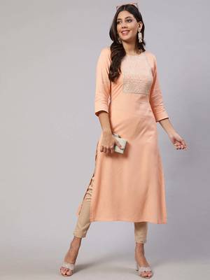 Peach  viscose rayon embroidered kurti for women 1
