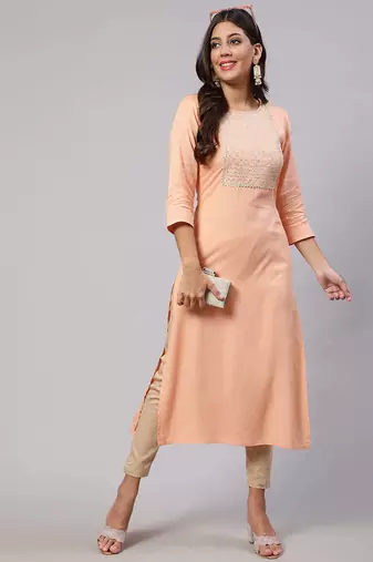 Peach  viscose rayon embroidered kurti for women