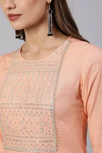 Peach  viscose rayon embroidered kurti for women