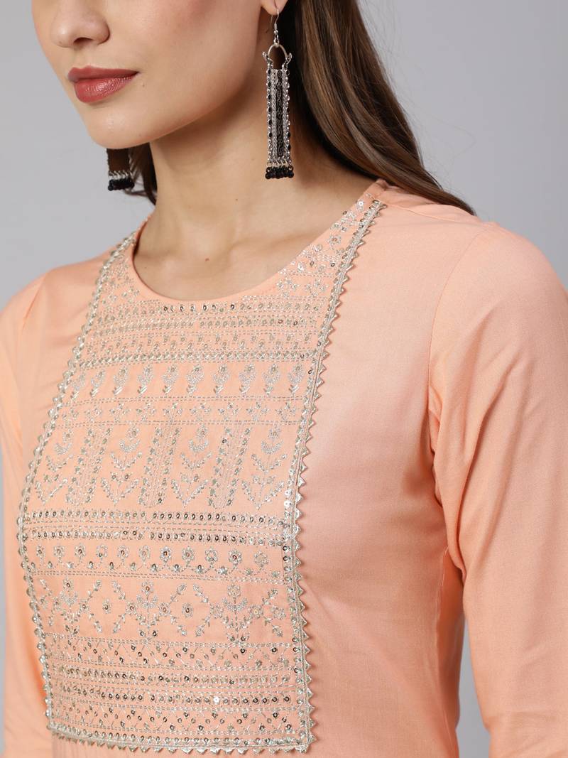 Peach  viscose rayon embroidered kurti for women