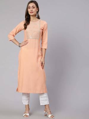 Peach  viscose rayon embroidered kurti for women 3