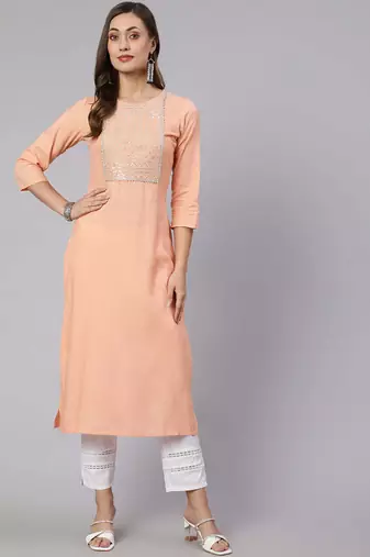 Peach  viscose rayon embroidered kurti for women