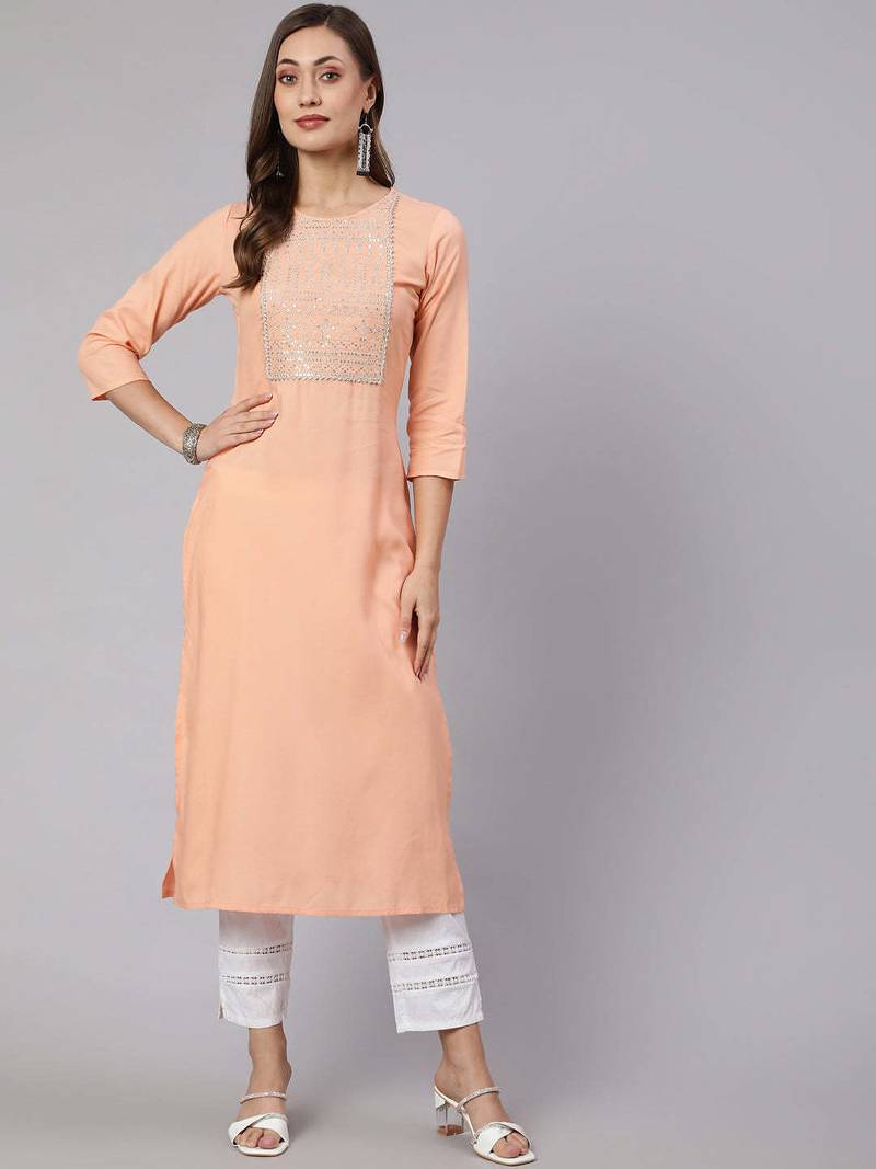 Peach  viscose rayon embroidered kurti for women
