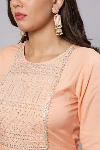 Peach  viscose rayon embroidered kurti for women