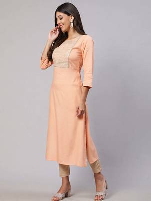 Peach  viscose rayon embroidered kurti for women 5
