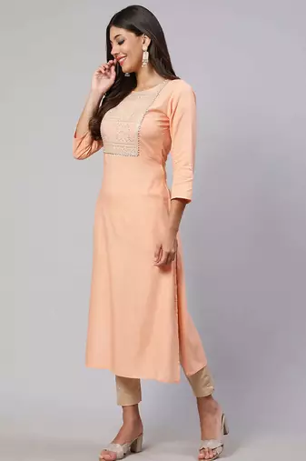 Peach  viscose rayon embroidered kurti for women