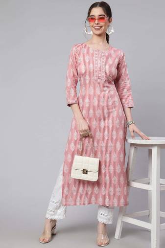 Pink  pure cotton printed kurti for women