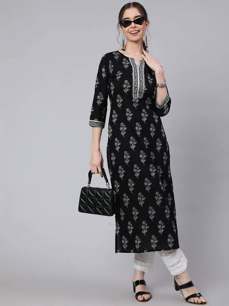 Black  pure cotton printed kurti for women