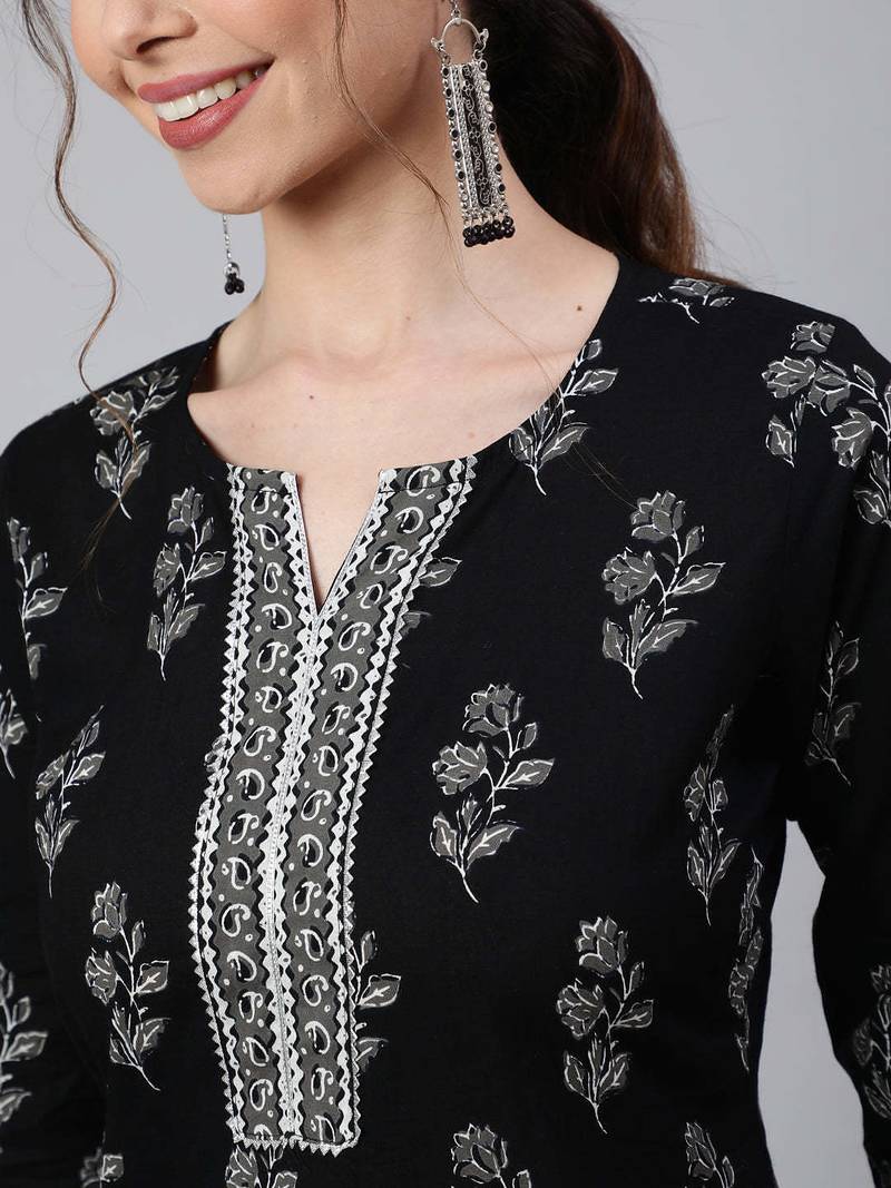 Black  pure cotton printed kurti for women