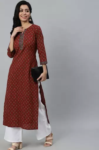 Maroon  pure cotton printed kurti for women