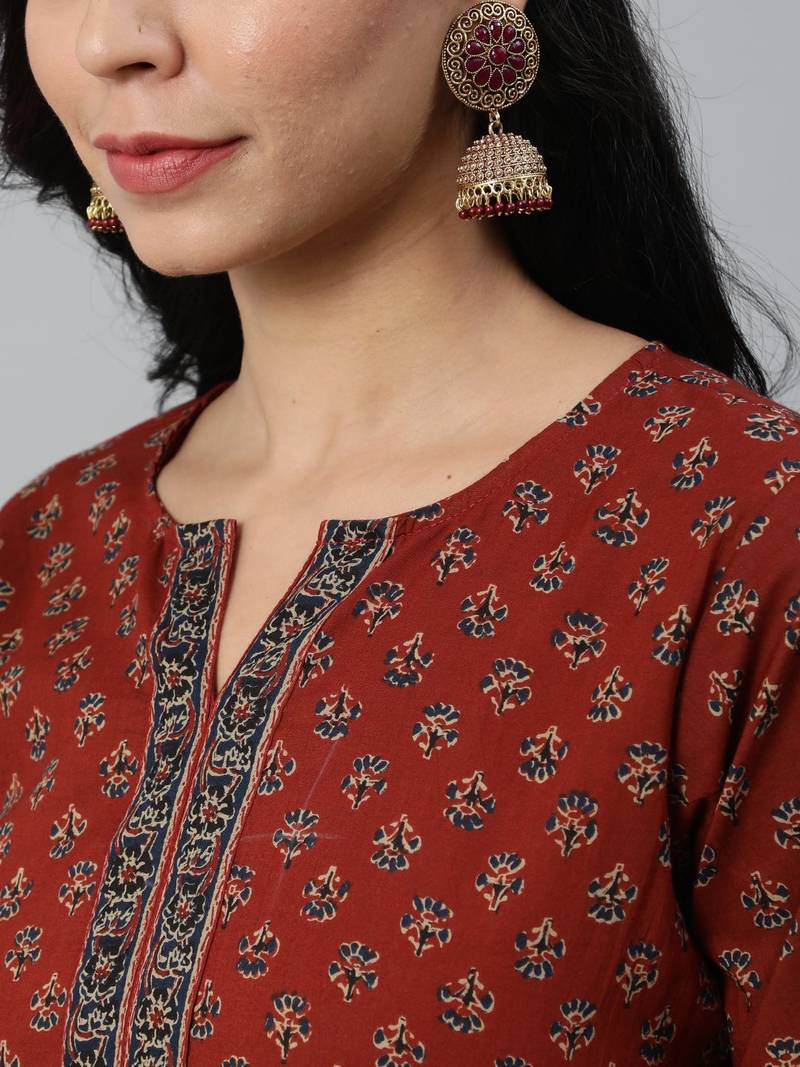 Maroon  pure cotton printed kurti for women