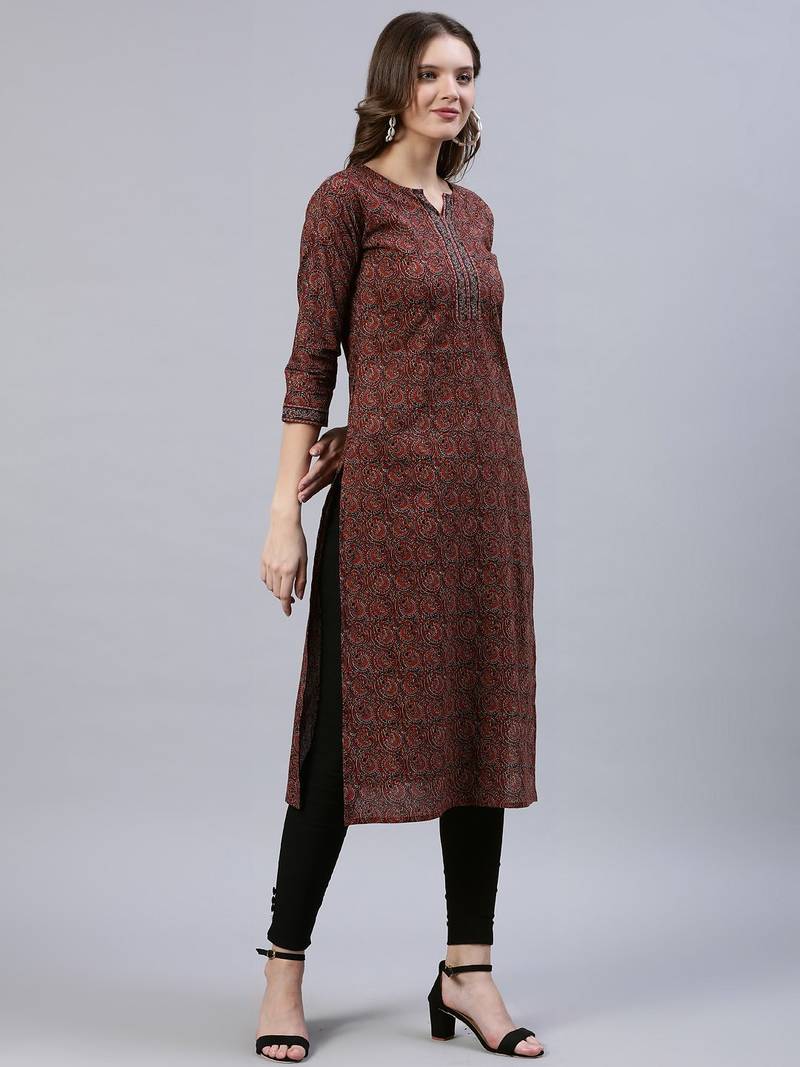 Maroon  pure cotton printed kurti for women