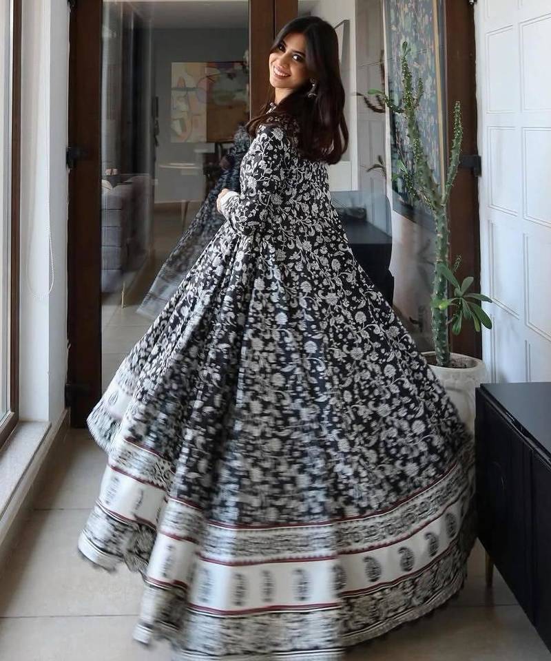 Black maslin cotton digital print anarkali gown set