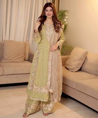 Pastel pista green chinon silk blend kurti palazzo set 1