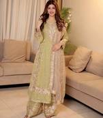 Pastel pista green chinon silk blend kurti palazzo set