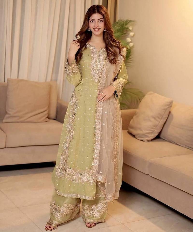 Pastel pista green chinon silk blend kurti palazzo set