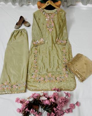 Pastel pista green chinon silk blend kurti palazzo set 2