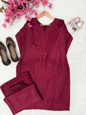 Wine maroon rayon cotton cord set 3